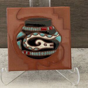 Vintage Cleo Teissedre Native American Handmade Ceramic 4" Square Tile Coaster